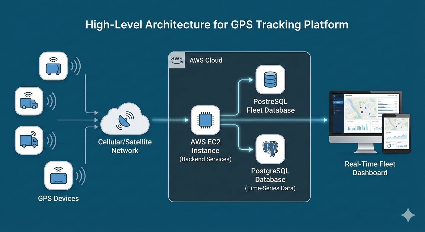 High-level GPS tracking system architecture showing vehicles sending location data to an AWS EC2 backend, PostgreSQL time-series database, and a real-time fleet dashboard.