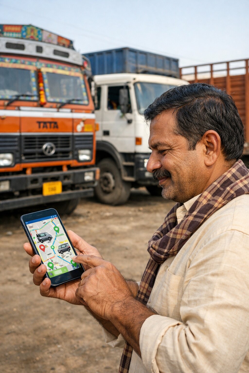 A small Indian fleet owner using a smartphone to track trucks on a GPS app, standing near parked commercial vehicles