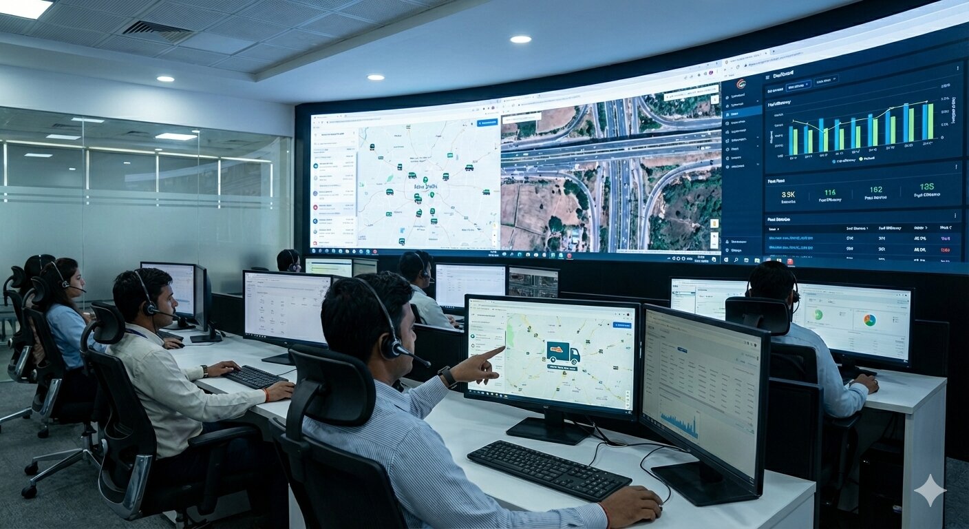A modern Indian logistics control room with multiple screens showing live GPS maps, trucks moving on highways, fuel analytics dashboards, and operators monitoring fleet performance