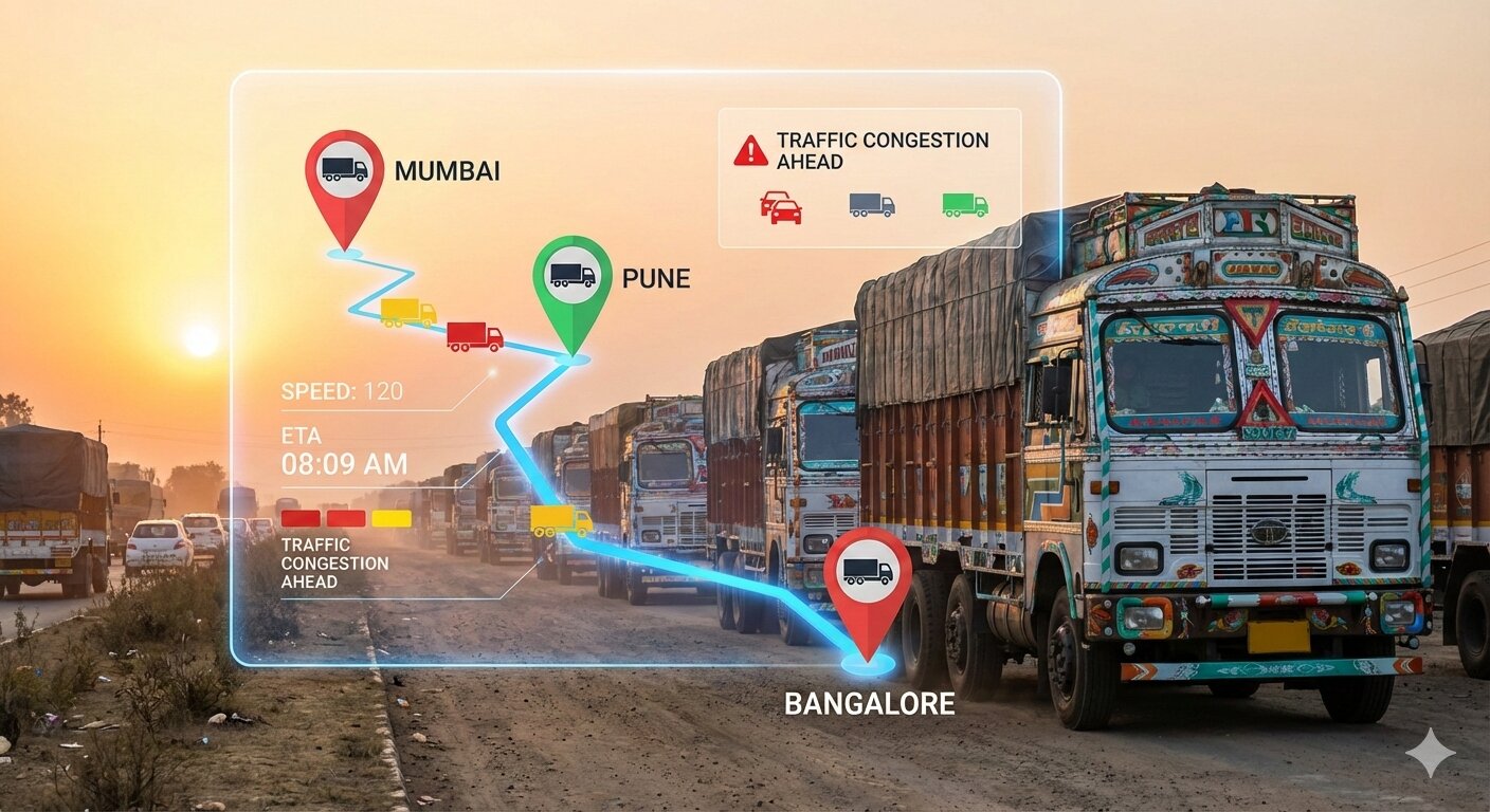 A fleet of trucks traveling on Indian national highways with a digital GPS overlay showing routes, location pins, and traffic indicators