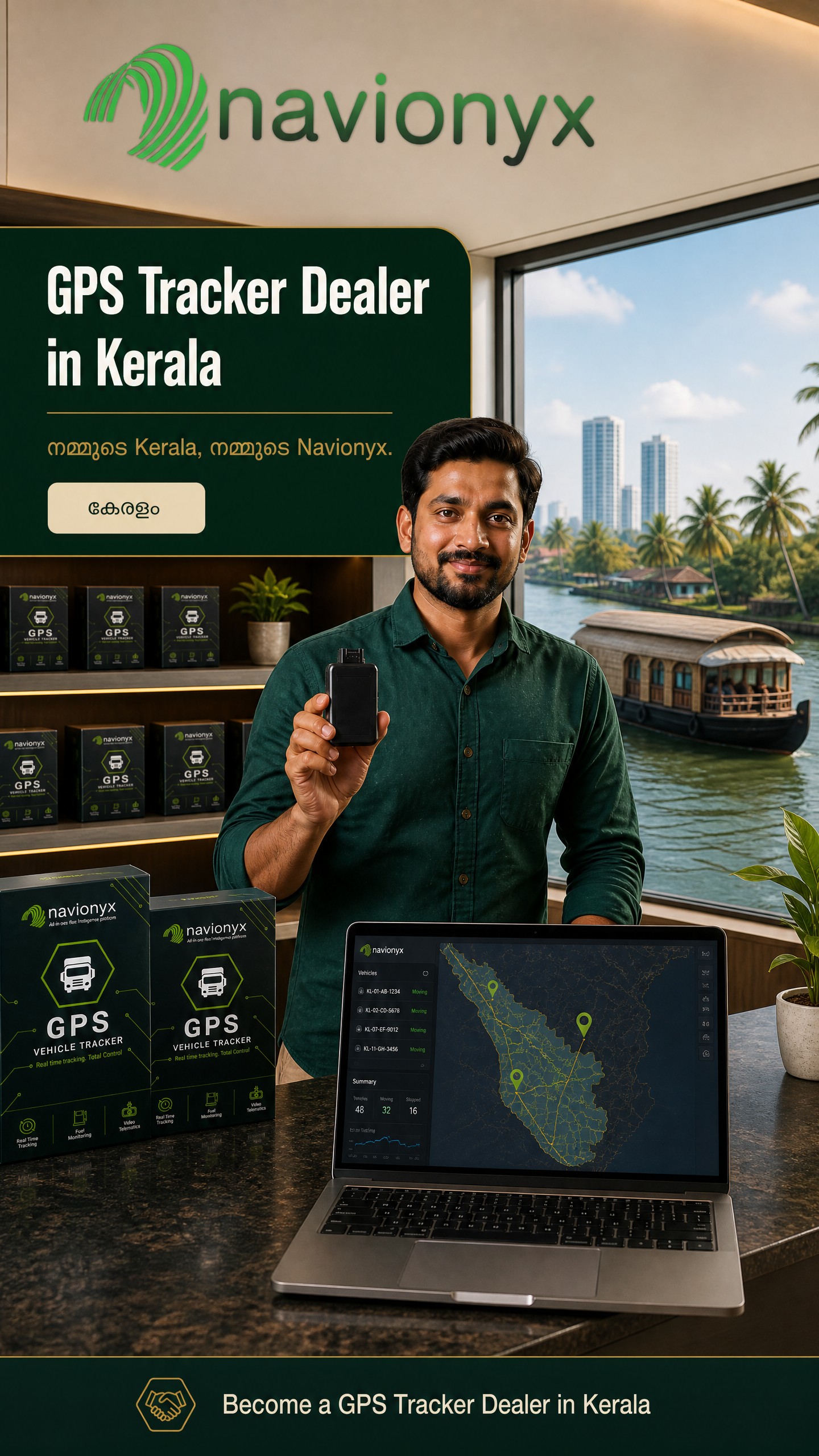 Kerala gps tracker dealer hero image with Navionyx partner visual