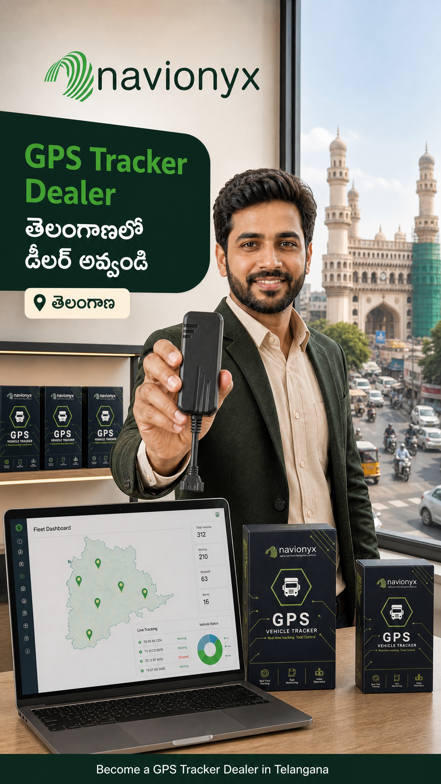 Telangana gps tracker dealer hero image with Navionyx partner visual