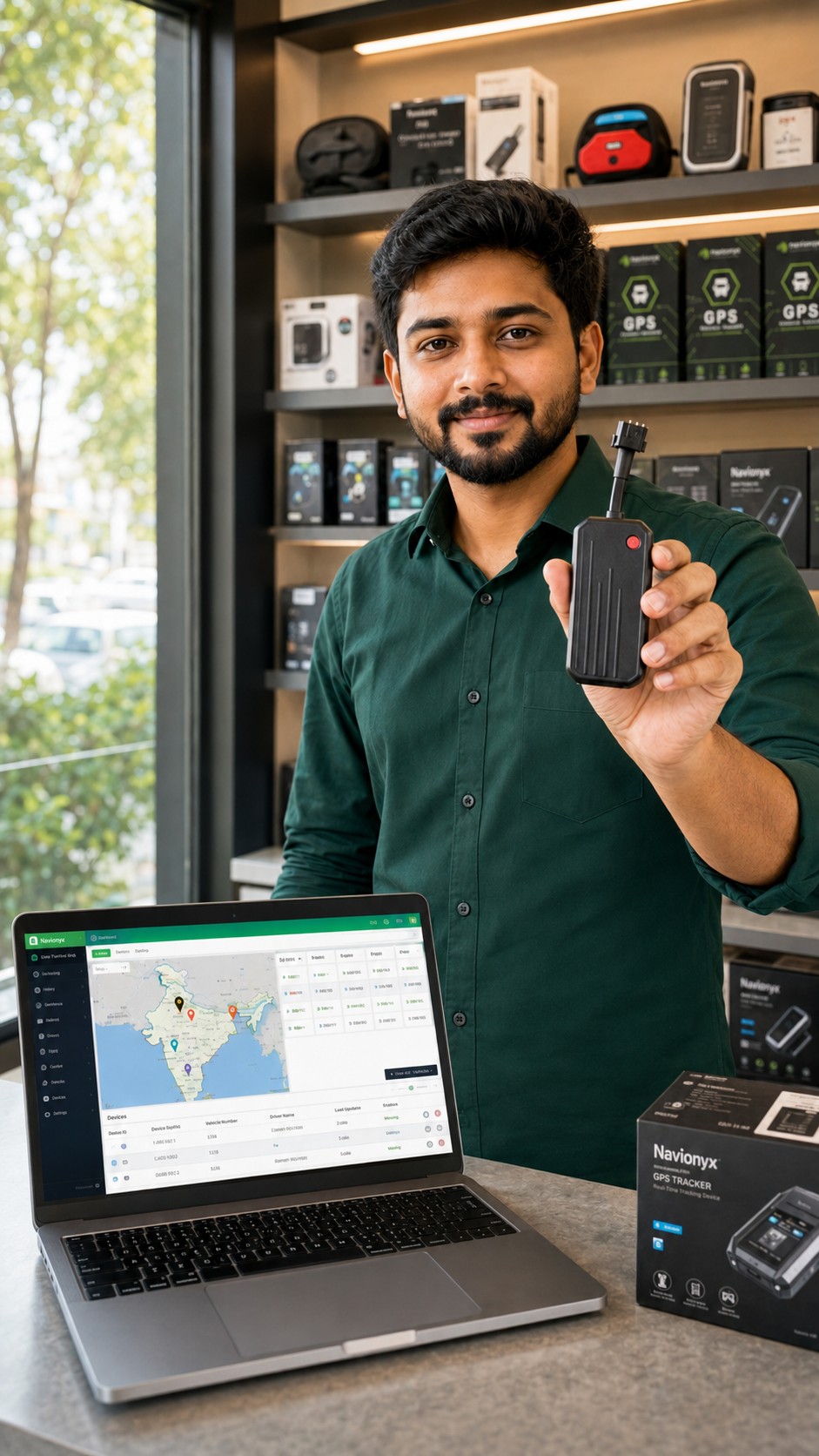 Navionyx GPS tracker dealer in India holding a GPS tracking device