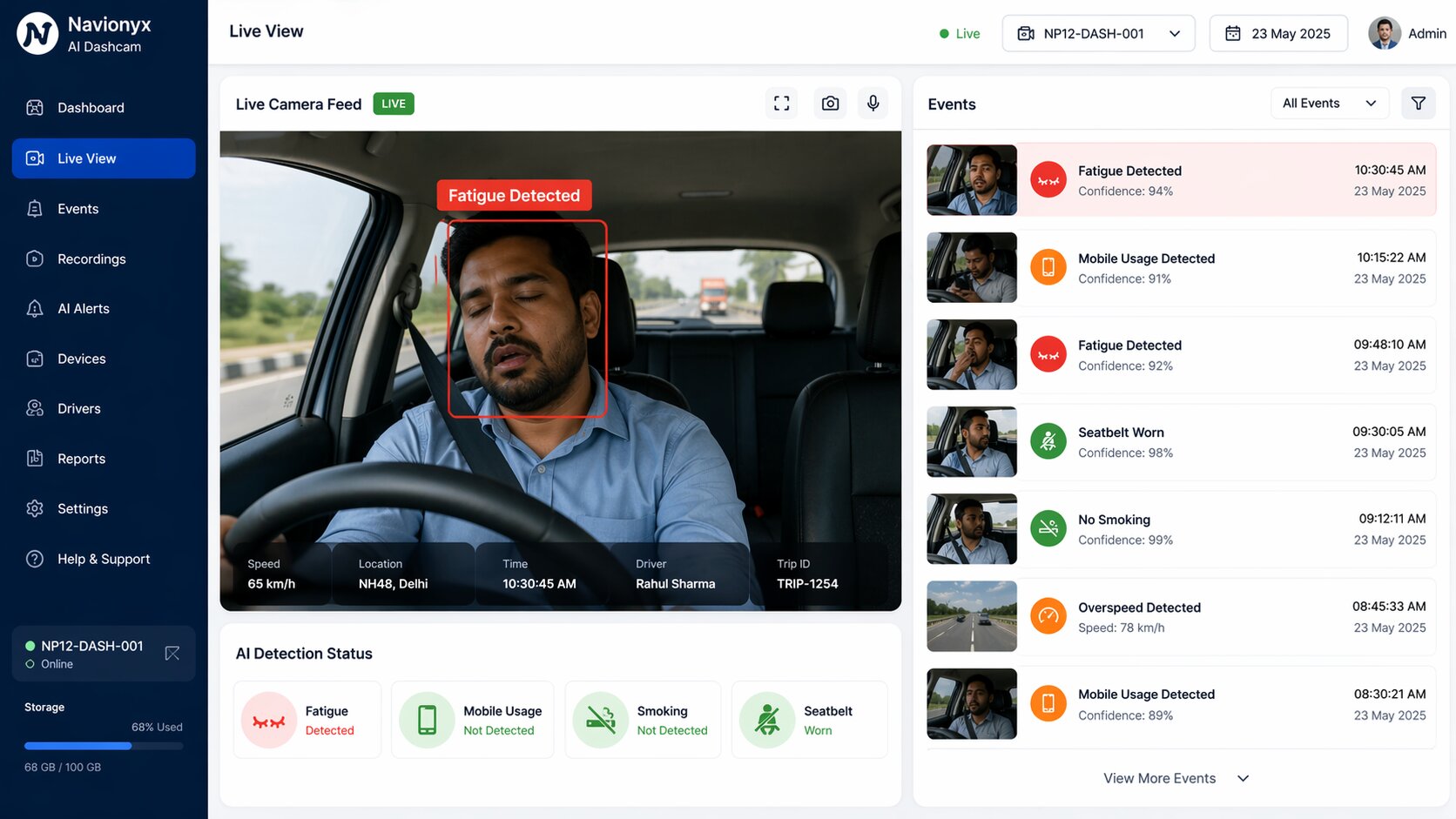 Navionyx AI Dashcam interface with real-time driver fatigue detection and event logging