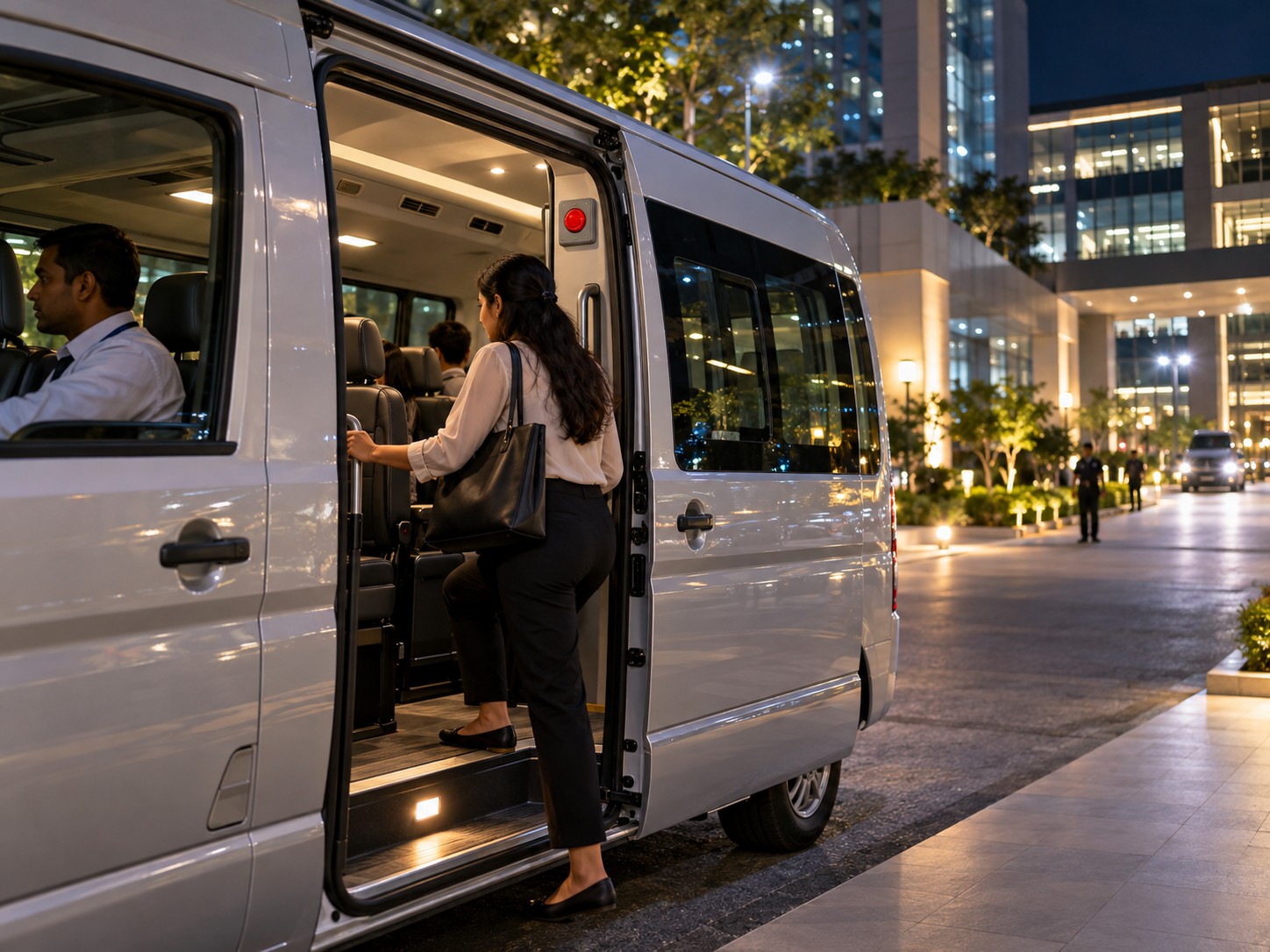Woman employee boarding a shuttle van at night outside an office campus, red panic button inside the door