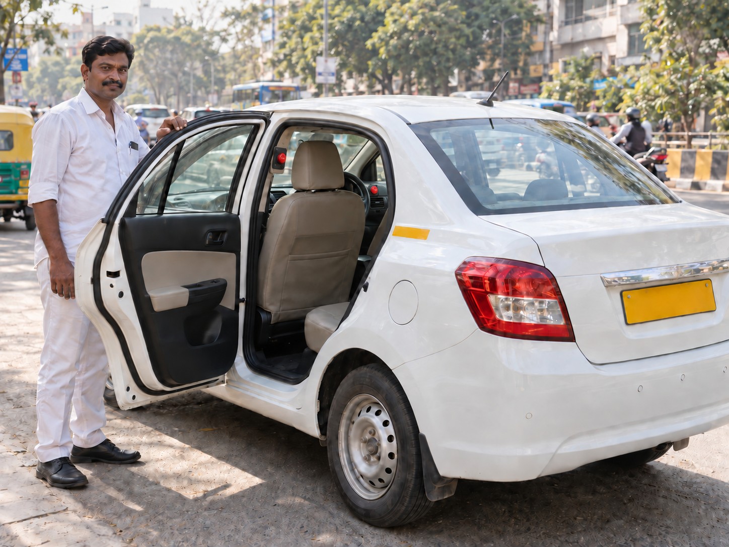 Yellow-board taxi with rear door open showing red panic buttons fitted inside, driver standing beside it
