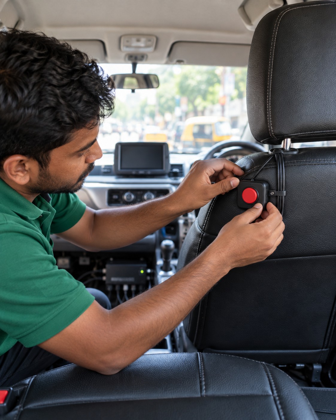 Technician fitting a red SOS panic button to the front seat headrest of a commercial taxi