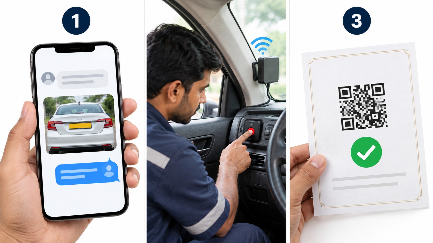 Panic button installation in 3 steps: vehicle details shared on chat, technician testing the SOS button, QR-verified certificate issued