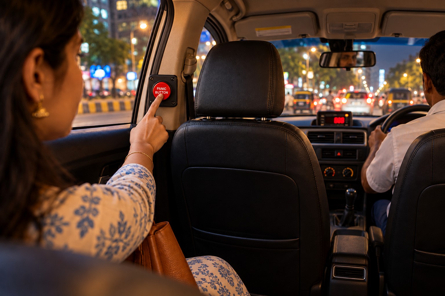 Woman passenger pressing the red panic button fitted on the door pillar of a taxi at night