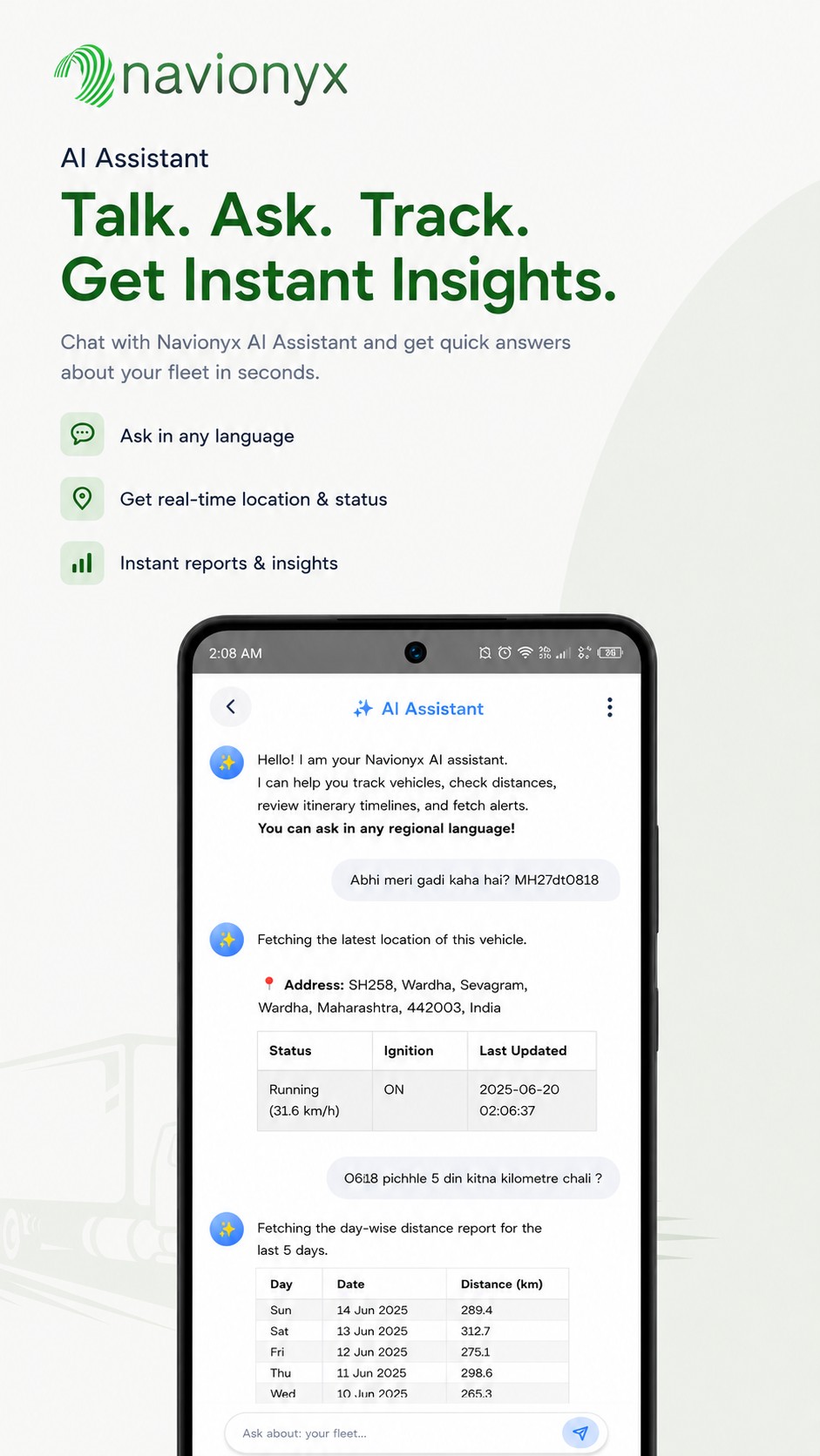 Navionyx app screenshot showing the AI fleet assistant