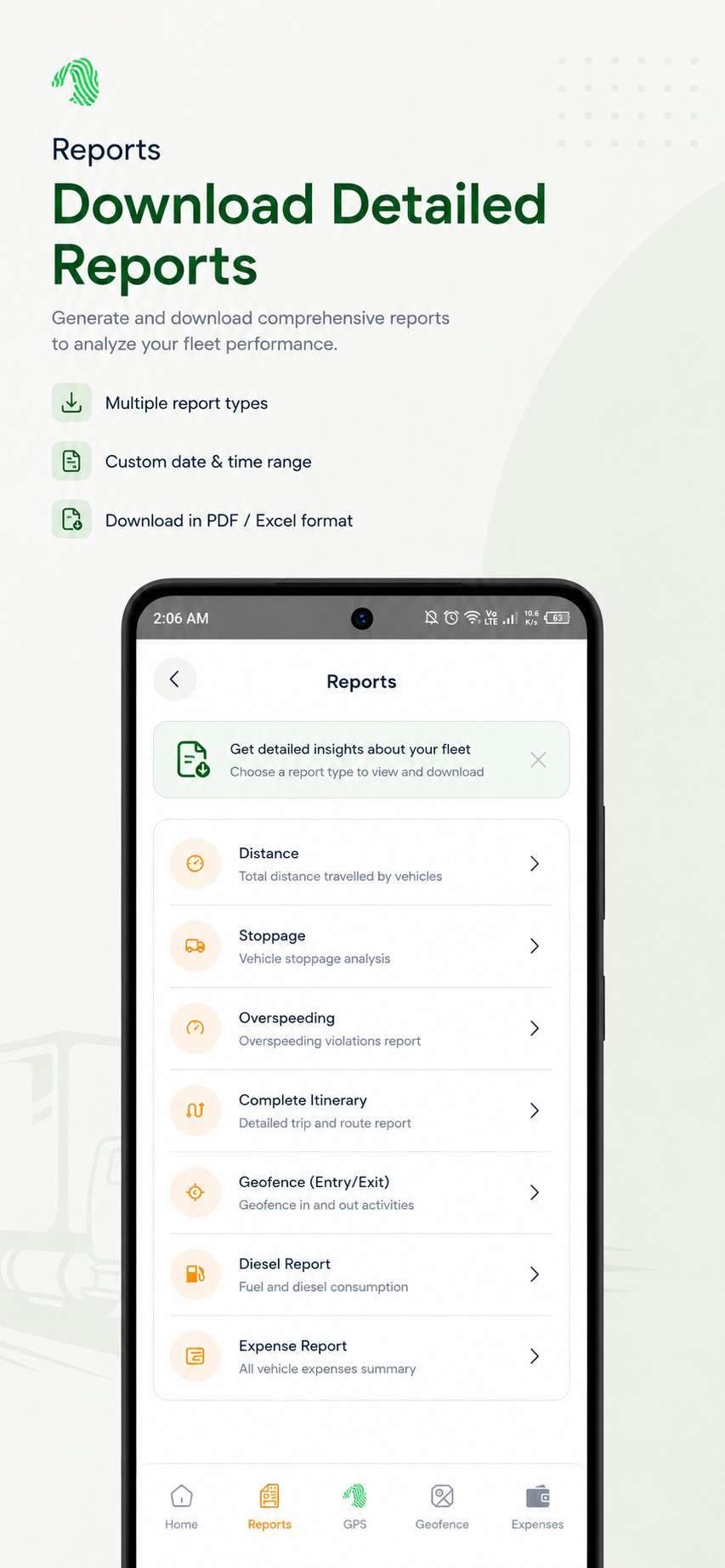 Navionyx app screenshot showing downloadable fleet reports