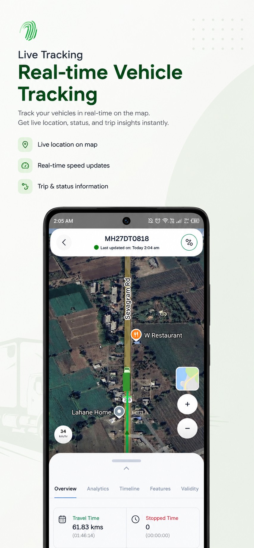 Navionyx app screenshot showing real time vehicle tracking on a live map