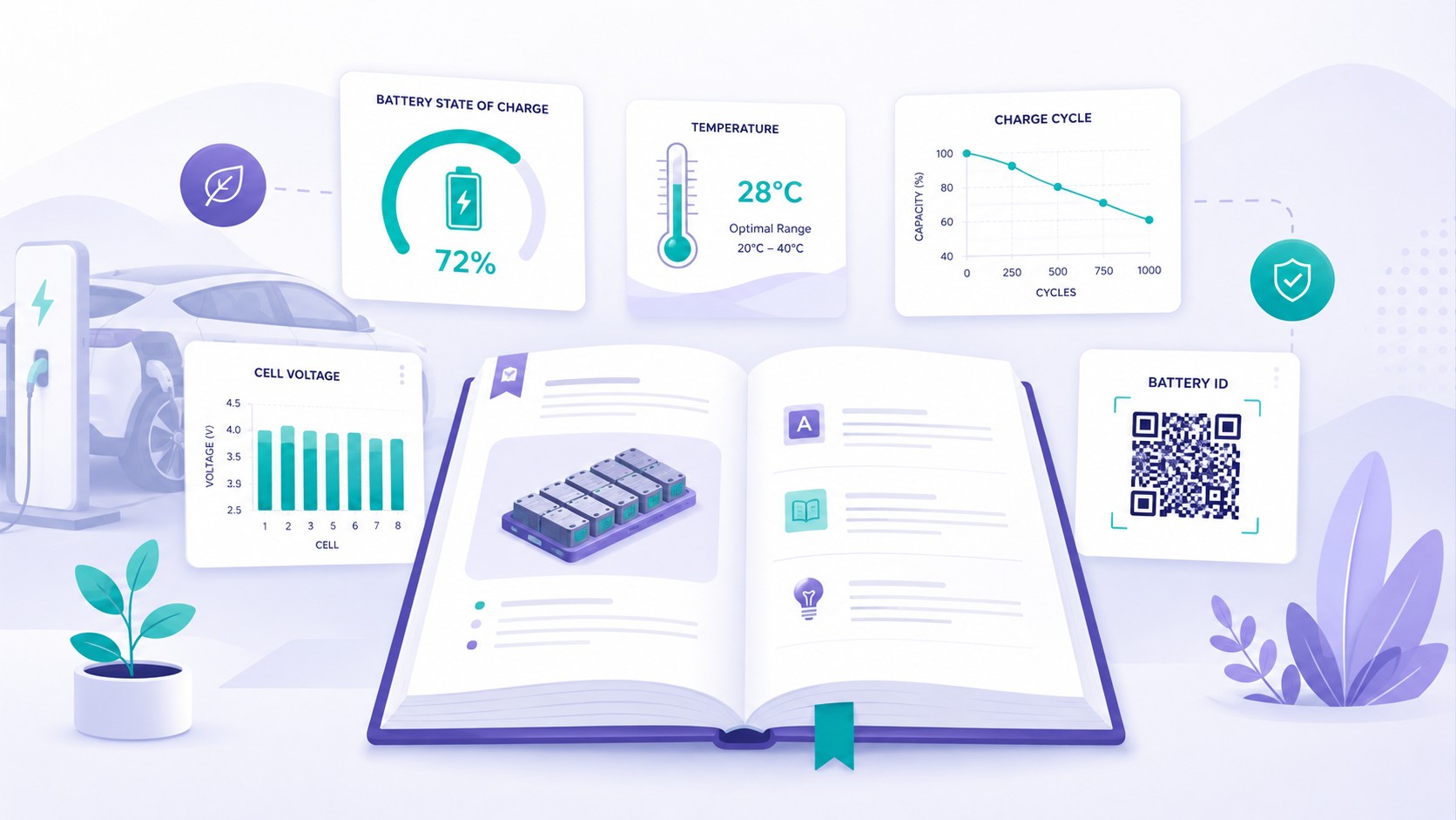EV battery terminology glossary hero illustration with battery, temperature, charge cycle, and cell voltage visuals