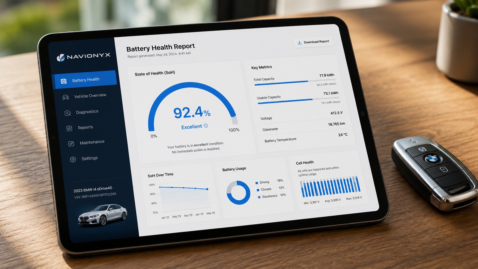EV battery health report dashboard on a tablet showing State of Health gauge and cell voltage data