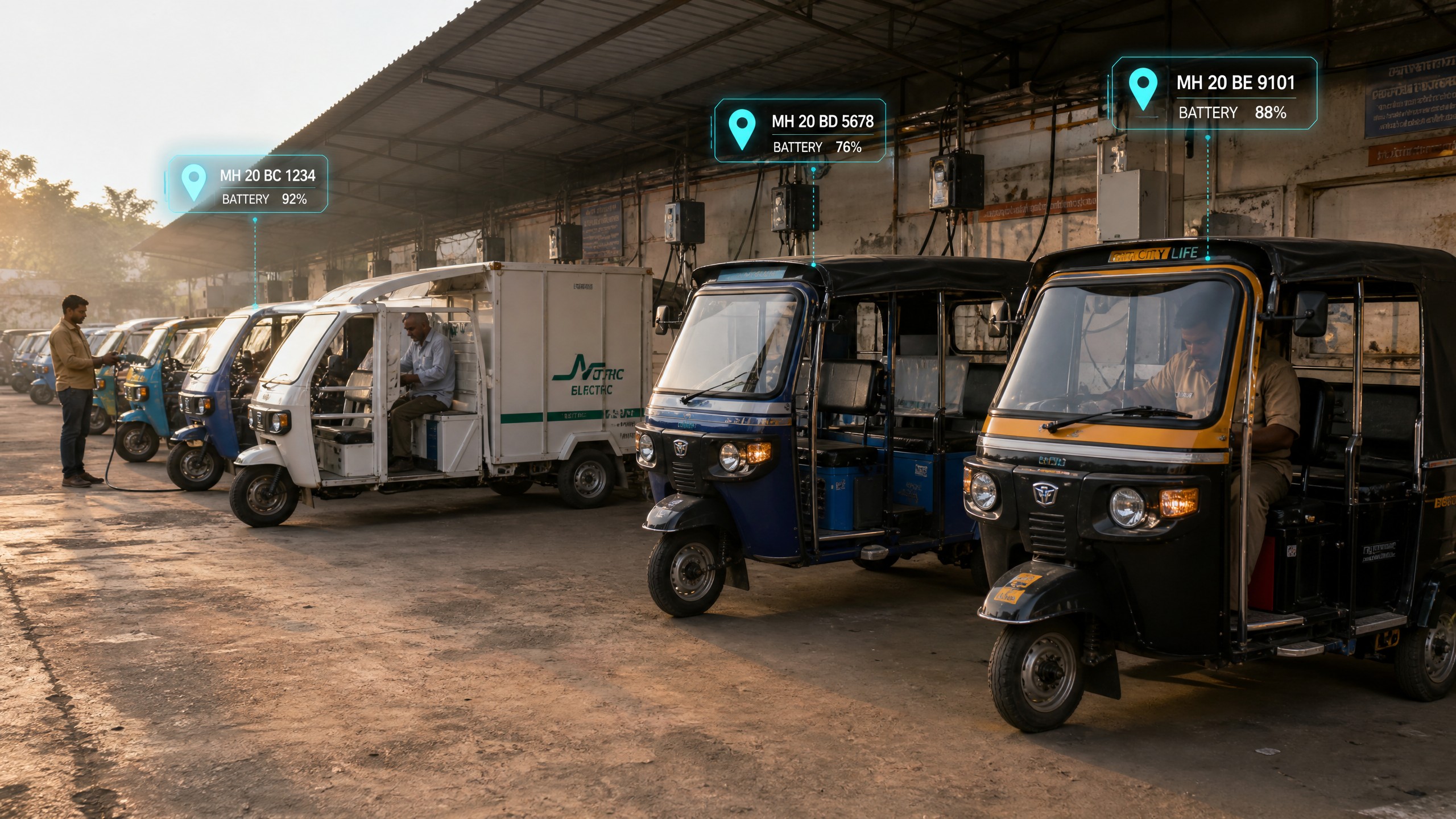 Electric three wheeler fleet monitored on the Navionyx telematics platform at an Indian depot