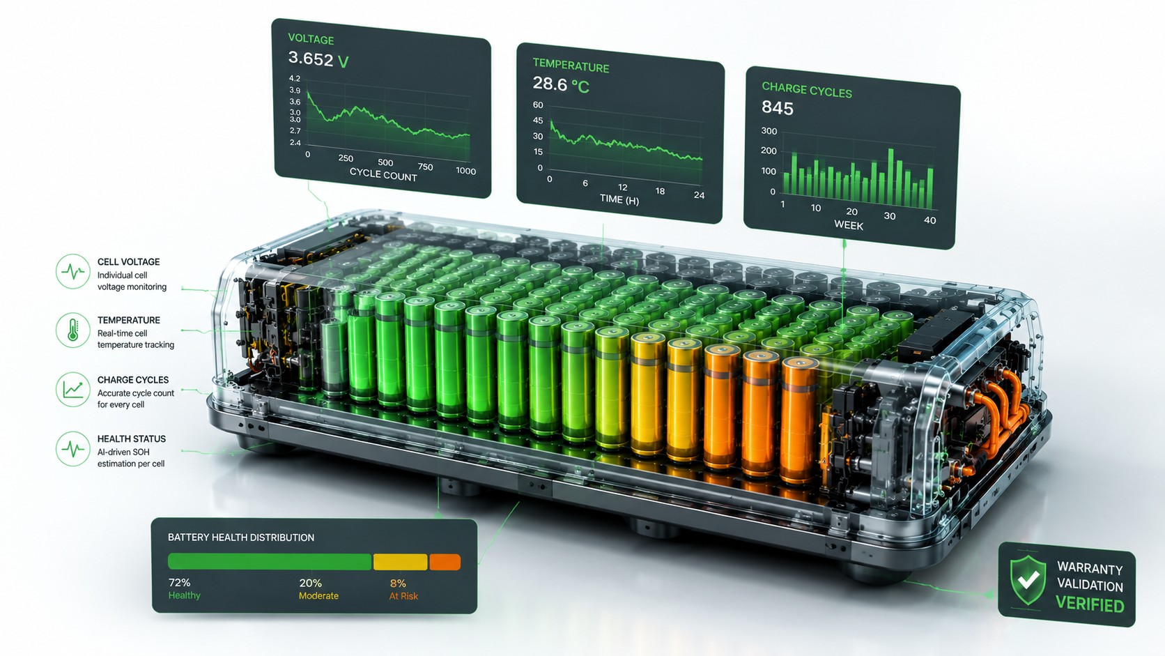 Battery warranty validation visual showing EV telematics and cell level battery monitoring data