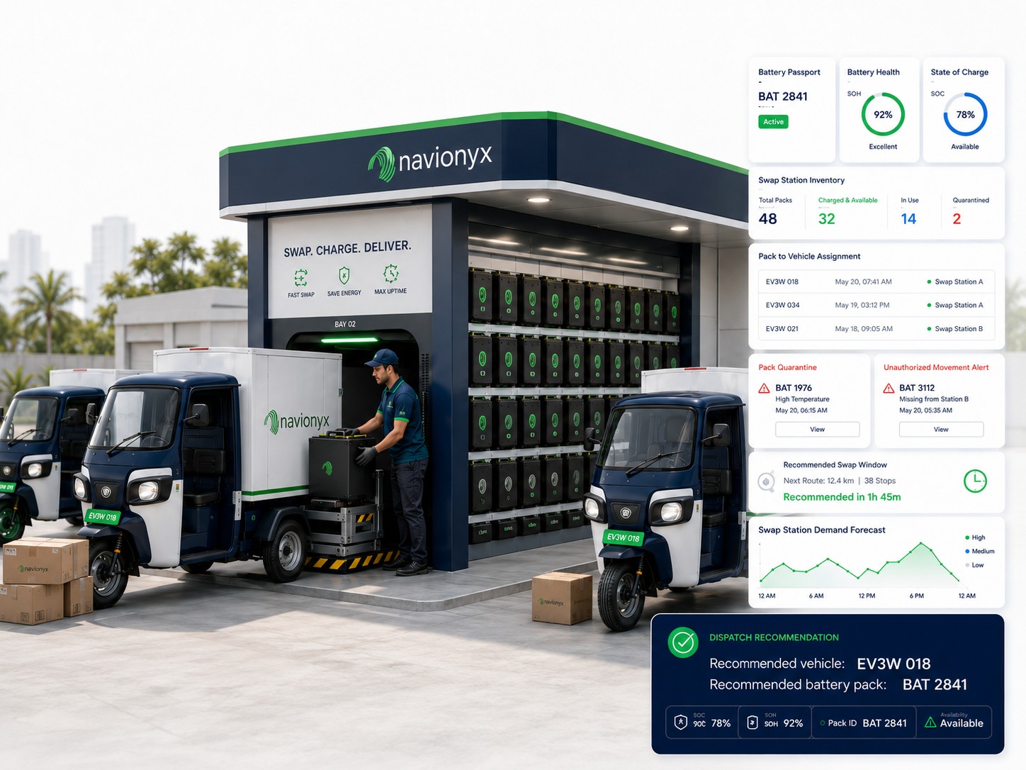 Battery swap fleet support and dispatch intelligence dashboard visual