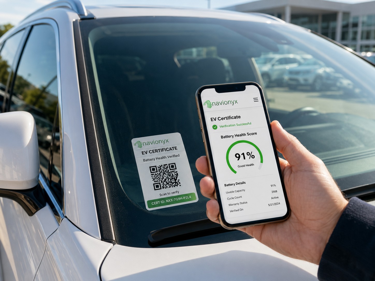 EV certificate QR verification at dealership showing a buyer verifying battery proof on a smartphone