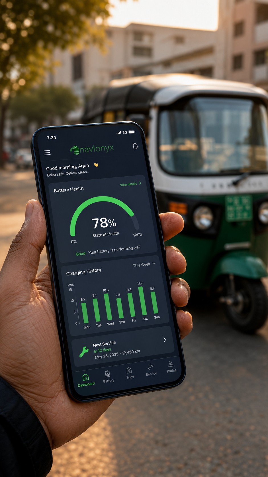 Navionyx EV driver app for financed vehicle tracking with battery state of health and recovery-ready borrower engagement
