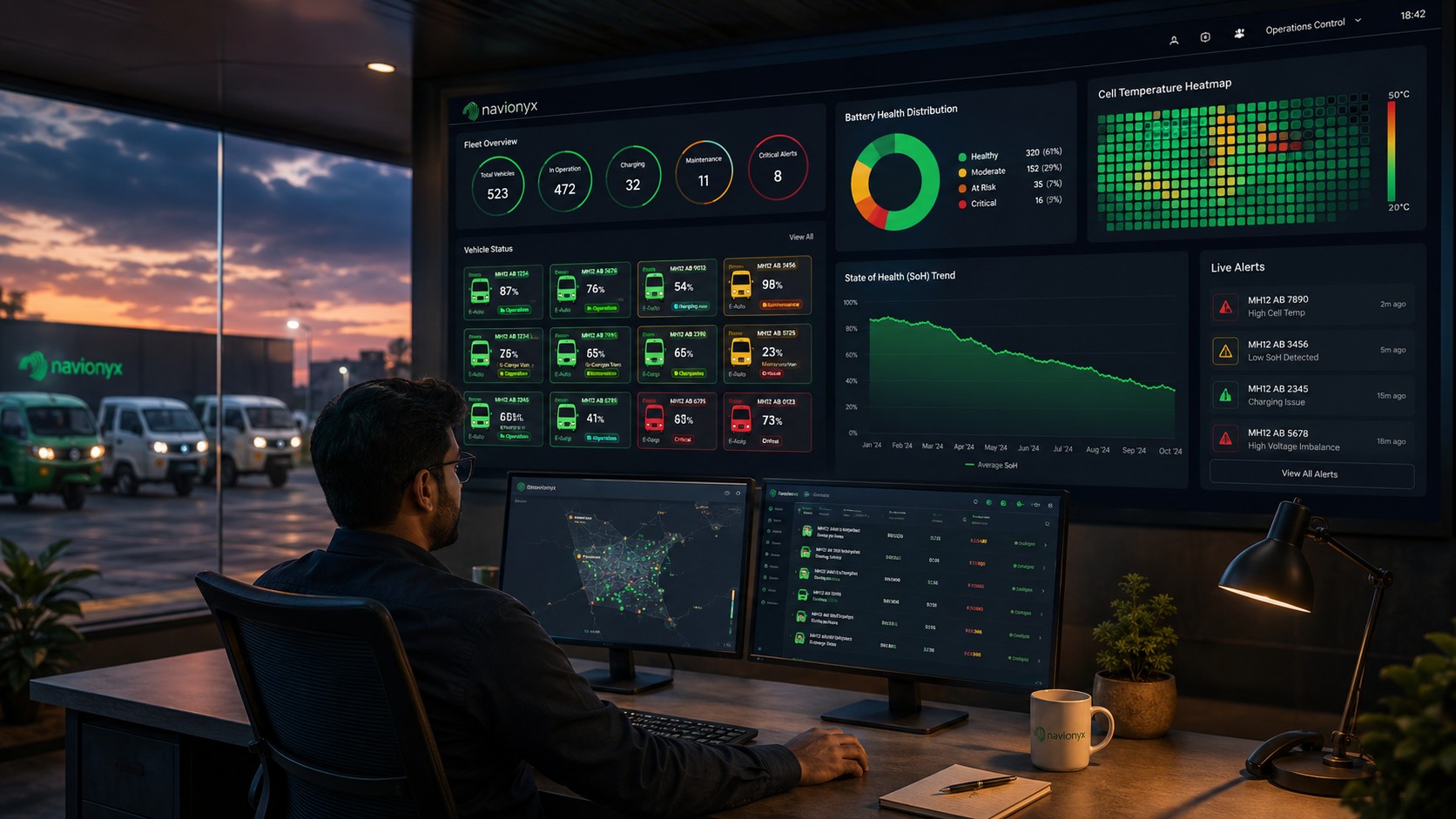 EV fleet predictive maintenance dashboard showing battery health tiles, temperature monitoring, and route-level battery risk indicators