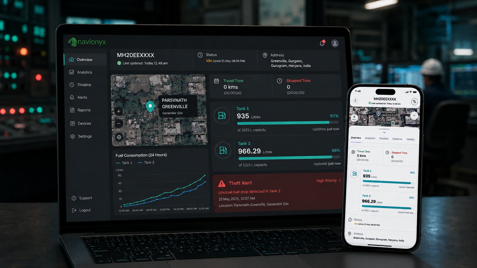 Navionyx fuel monitoring dashboard on laptop and mobile showing live diesel levels and theft alert