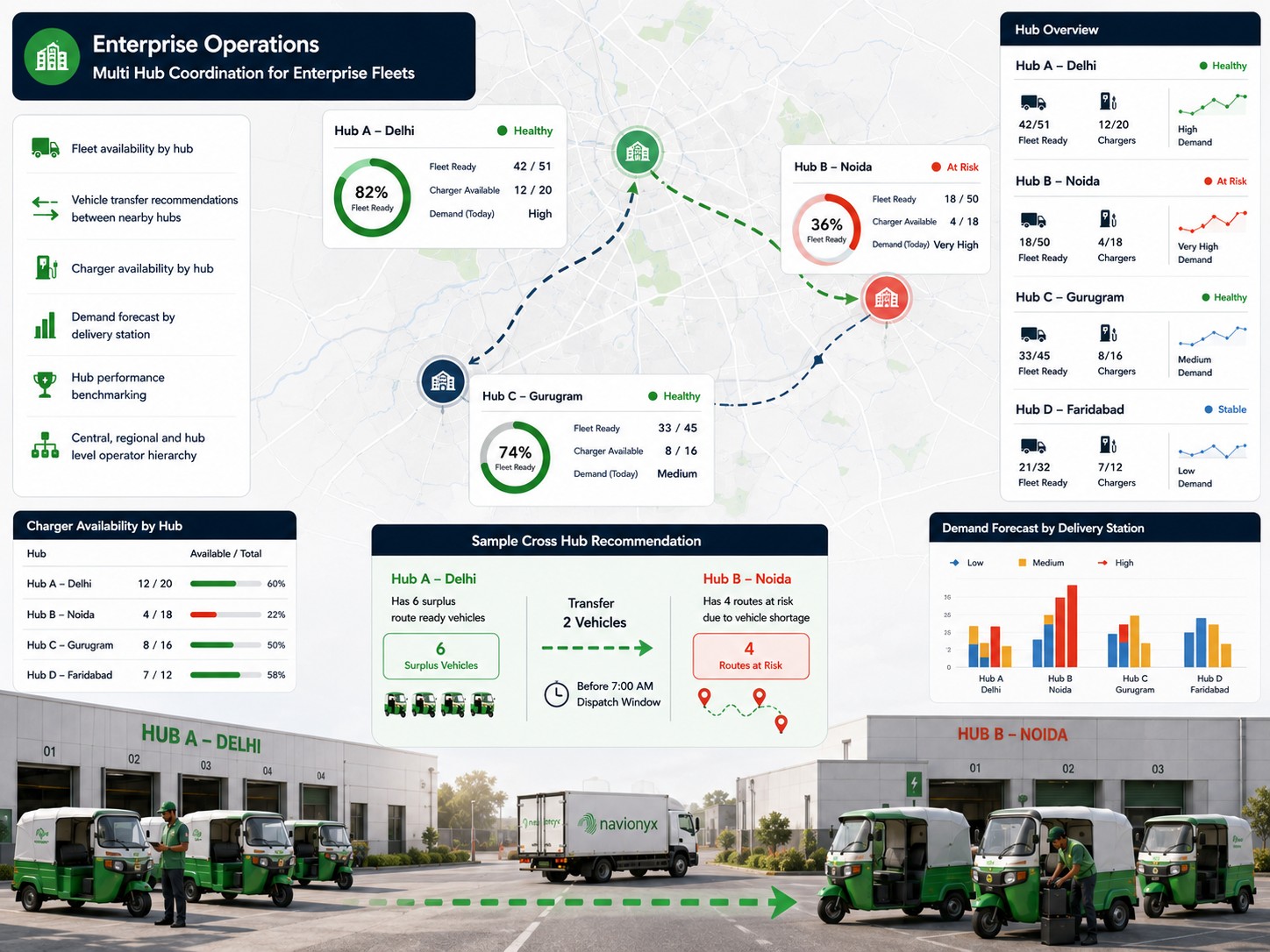 Multi hub EV fleet coordination for enterprise operations dashboard visual