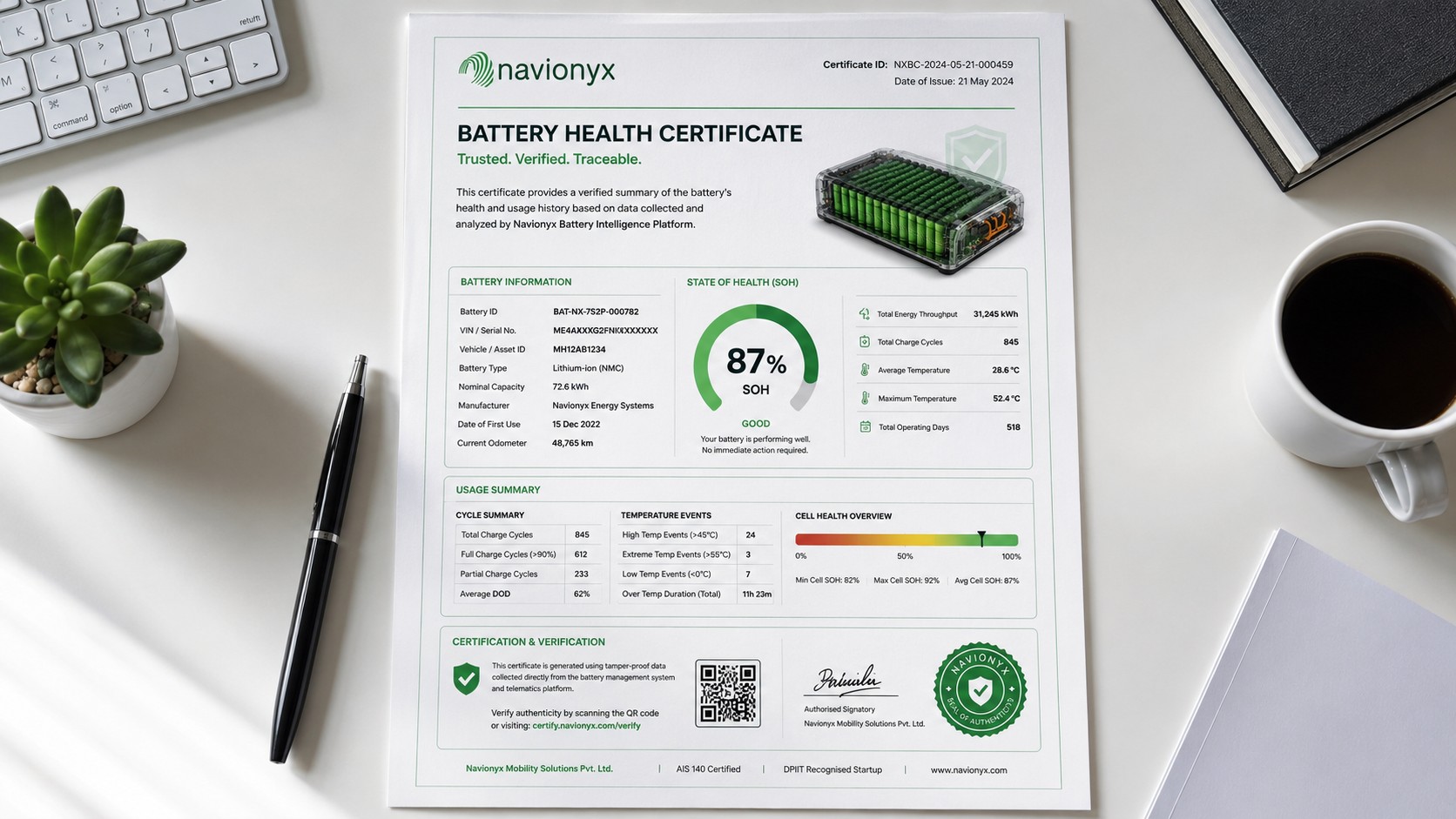 Navionyx battery health certificate for battery warranty validation and second-life battery decisions