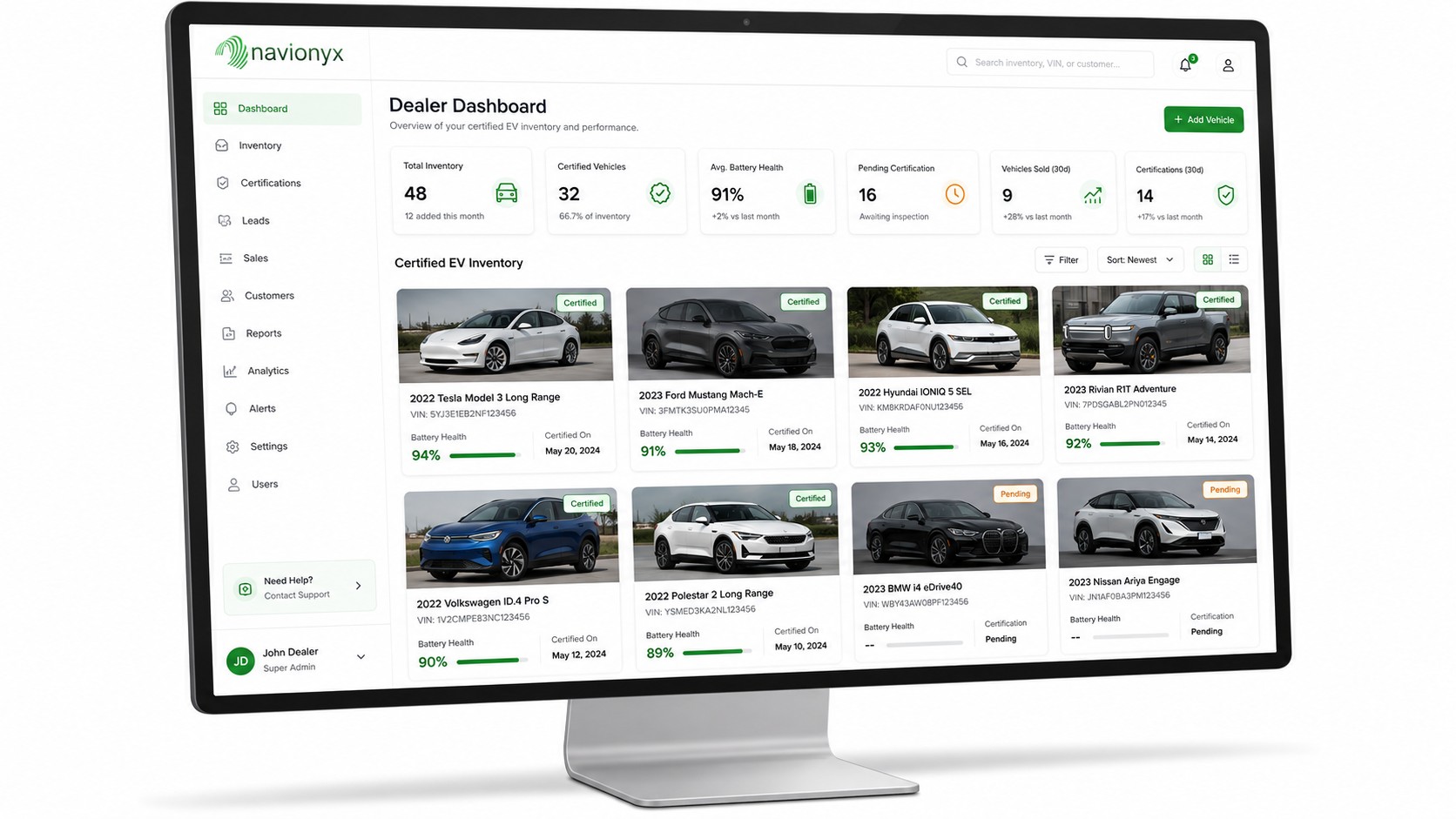 Navionyx dealer dashboard for certified EV inventory showing battery health and certification workflow for used EV dealerships