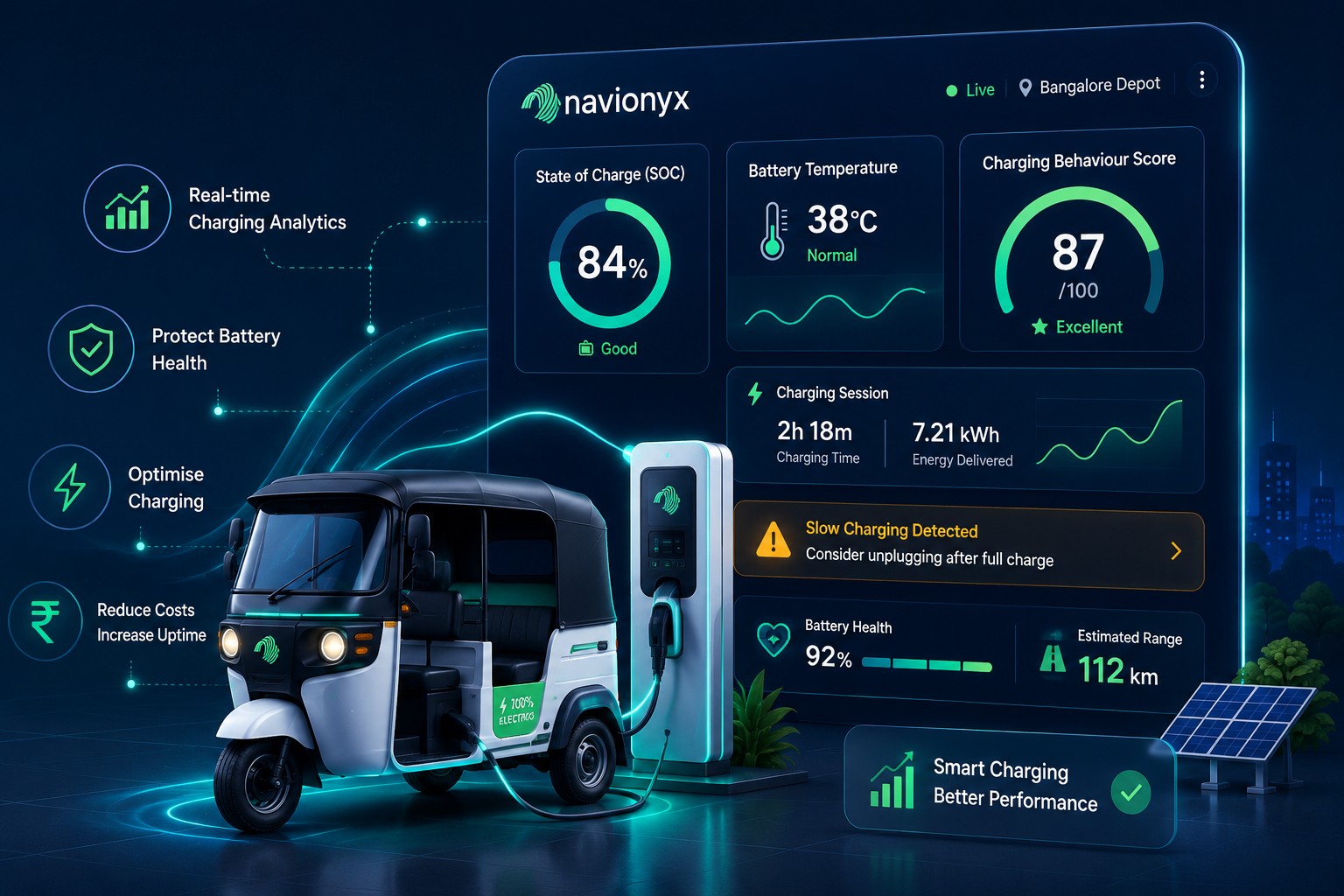 EV charging analytics dashboard showing charging session data, battery temperature monitoring, and charging behaviour scores across an electric vehicle fleet