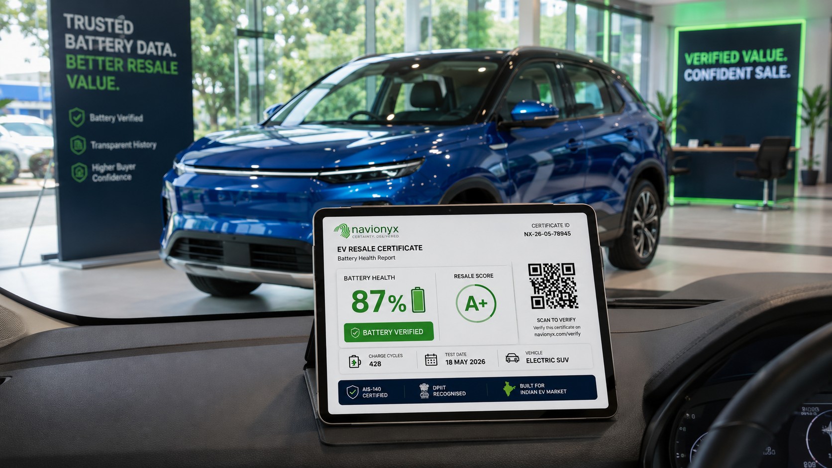 Used EV battery health certificate visual for EV resale and battery verified used EV pricing