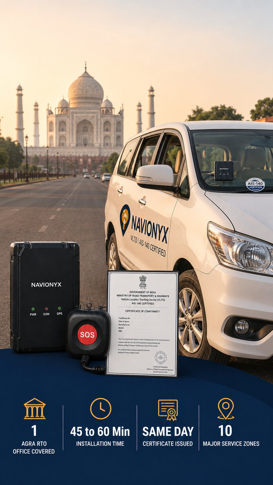 Photorealistic street-level photograph of a white Toyota Innova tourist cab on a wide Agra road with the softly blurred white dome and minarets of the Taj Mahal visible in the distant background. GPS device mounted on the dashboard visible through the windshield. AIS-140 sticker on the lower right corner of the windshield. Clean daylight, warm golden morning light. No logos, no brand text, no license plates.