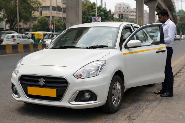 Commercial app-based taxi parked on an Indian city street for VLTD installation compliance.