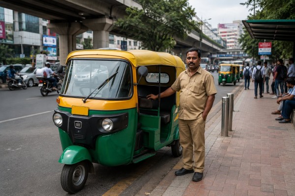 Contract auto-rickshaw in an Indian city operating under mandatory VLTD compliance requirements.