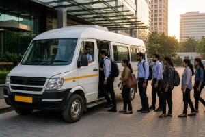 Employee shuttle vehicle used by corporate transport fleets that require VLTD installation.