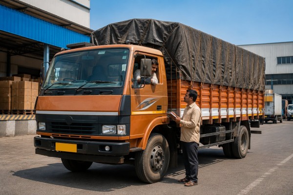 Goods transport vehicle used for commercial deliveries and covered by AIS-140 VLTD rules.