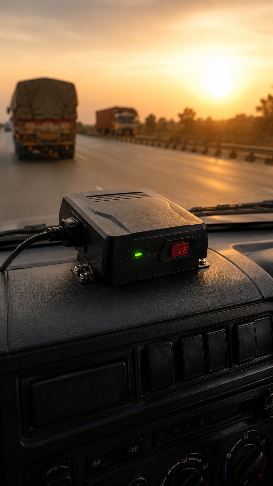 GPS VLTD device with SOS button mounted on a commercial vehicle dashboard