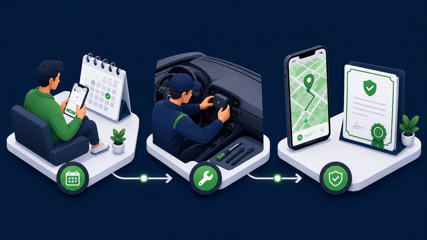 VLTD installation process with appointment booking, GPS device fitting, live tracking app, and certificate verification