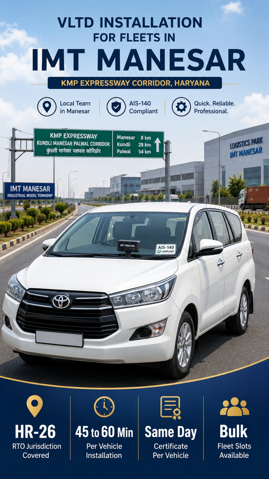 AIS-140 VLTD installation visual for IMT Manesar goods transport fleets and KMP Expressway corridor operators