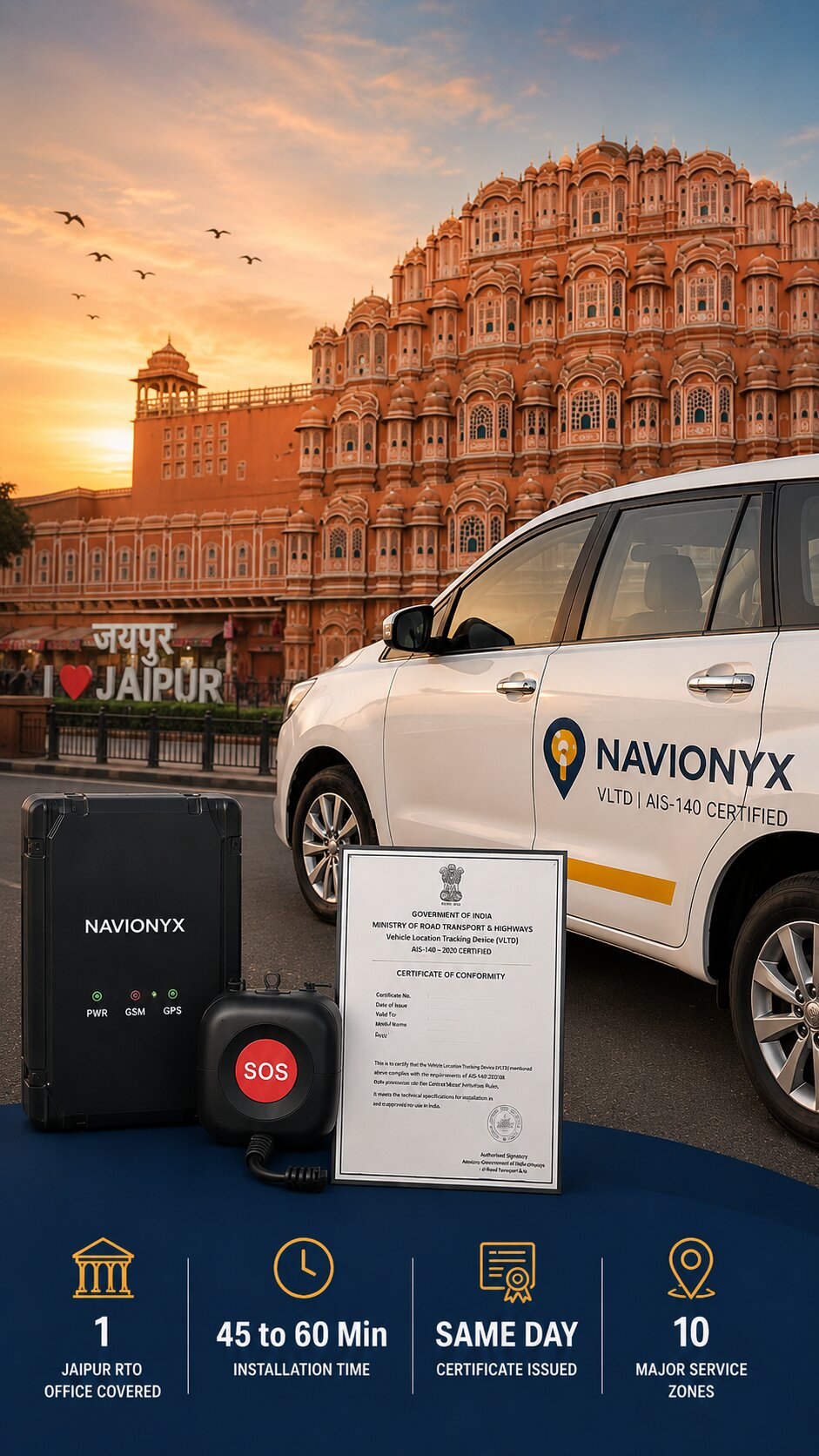 White Toyota Innova tourist cab on a Jaipur road with GPS device visible through the windshield and the softly blurred silhouette of Amer Fort in the background.