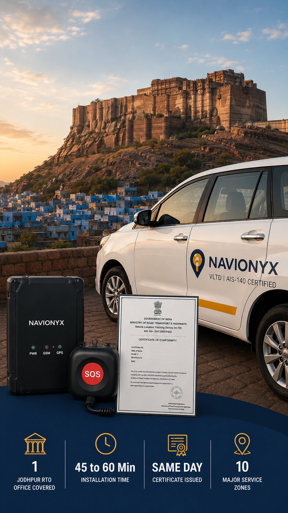 White Toyota Innova tourist cab on a Jodhpur road with GPS device visible through the windshield and the softly blurred silhouette of Mehrangarh Fort rising above the blue-washed old city in the background.