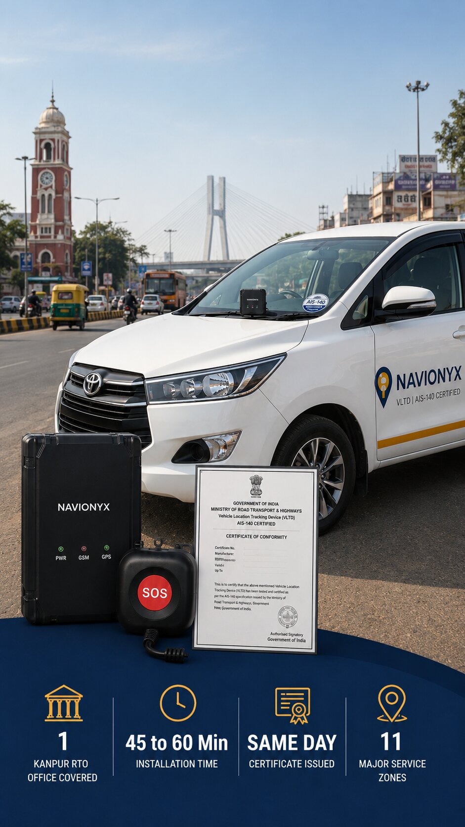 Photorealistic street-level photograph of a white Toyota Innova cab on a wide Kanpur road with a softly blurred commercial streetscape or the Ganga river bridge visible in the distant background. GPS device mounted on the dashboard visible through the windshield. AIS-140 sticker on the lower right corner of the windshield. Clean daylight, neutral bright light. No logos, no brand text, no license plates.