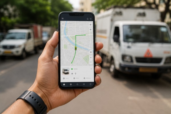 Mobile app screen showing live tracking information for a vehicle.