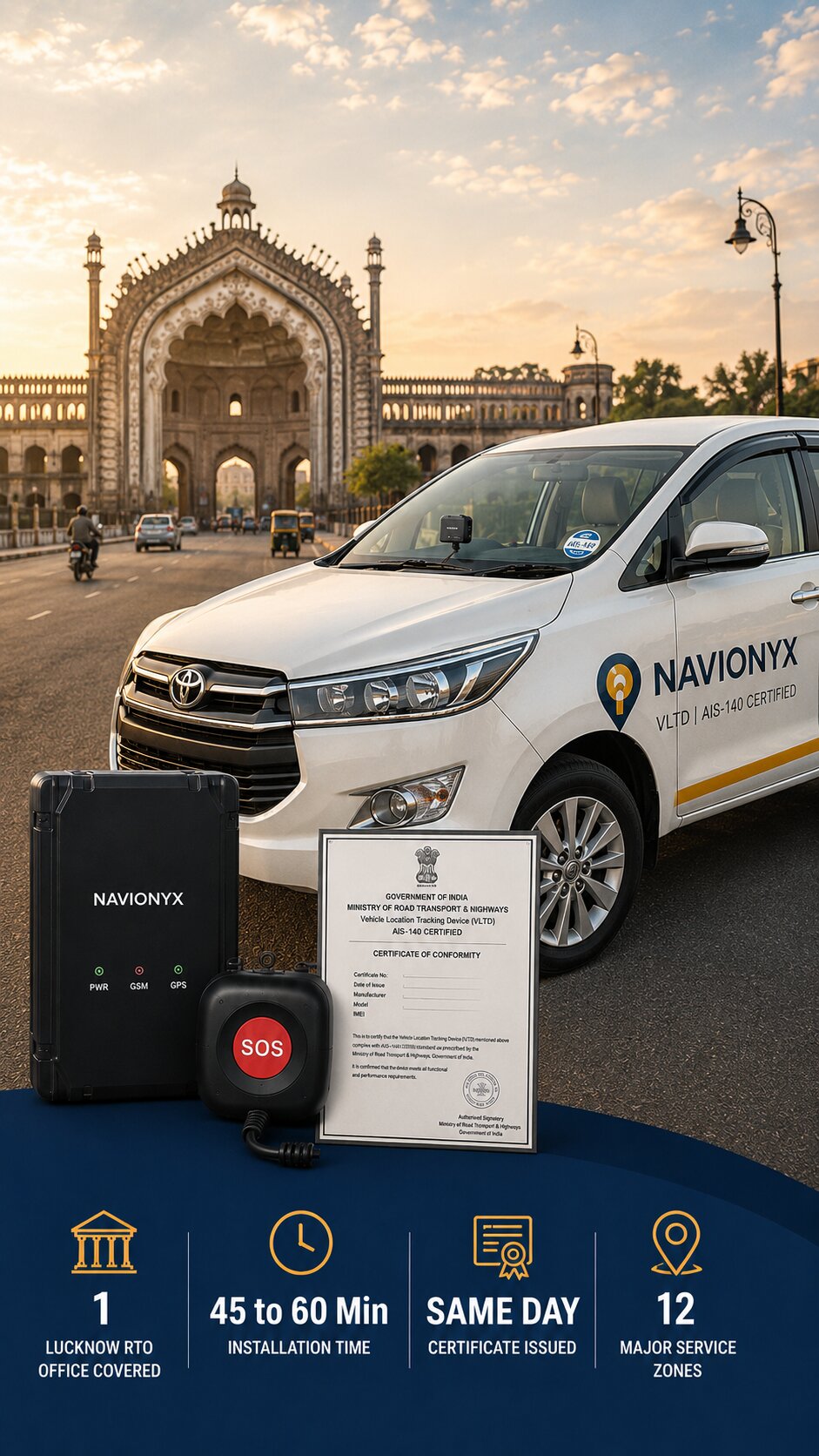 Photorealistic street-level photograph of a white Toyota Innova tourist cab on a wide Lucknow road with the softly blurred outline of Rumi Darwaza or Bara Imambara visible in the background, GPS device mounted on the dashboard visible through the windshield, AIS-140 sticker on the lower right corner of the windshield, clean daylight, warm golden light, no logos, no brand text, no license plates.