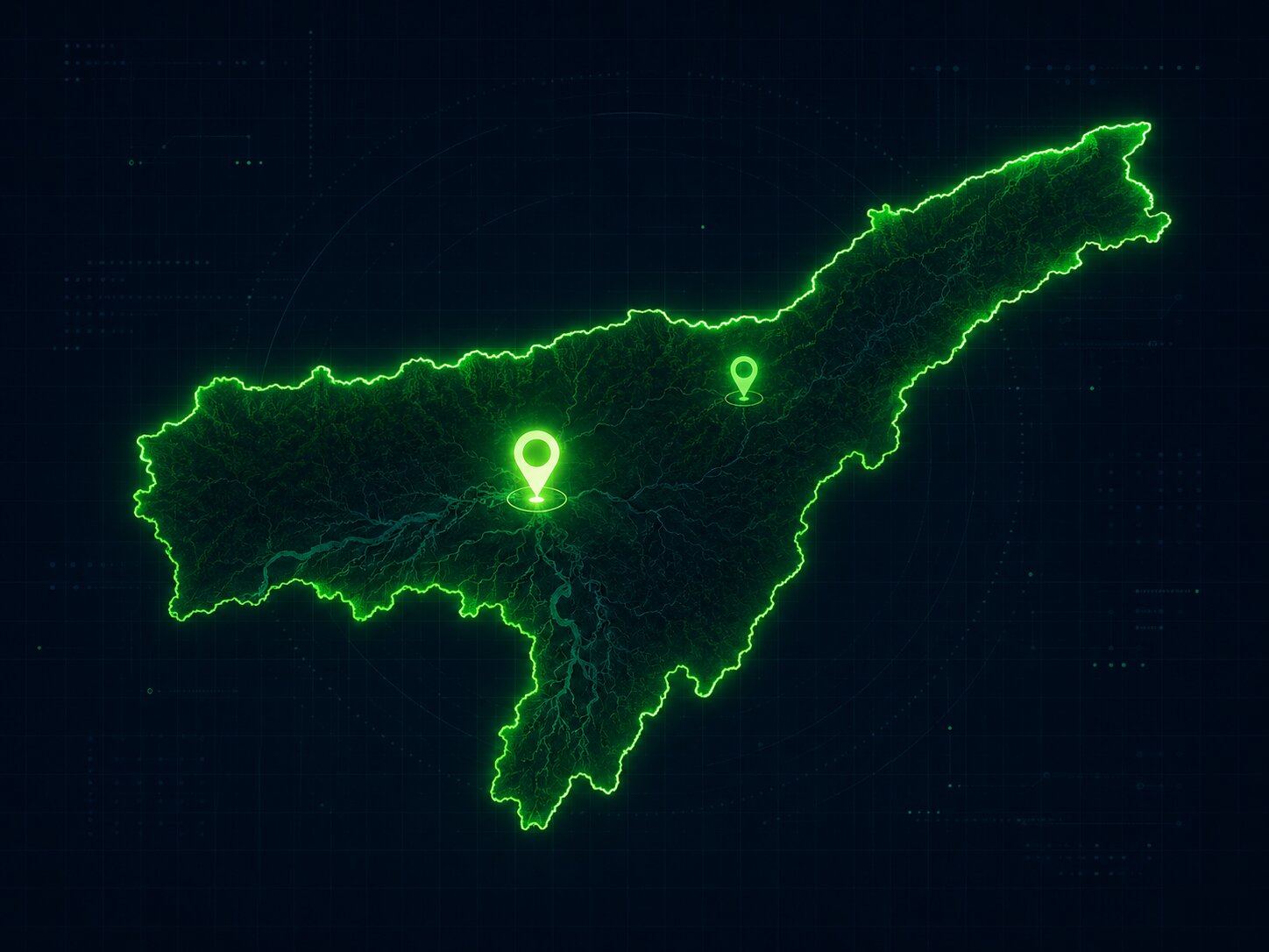 Assam VLTD coverage map showing key service hubs around Guwahati and the Kaziranga corridor