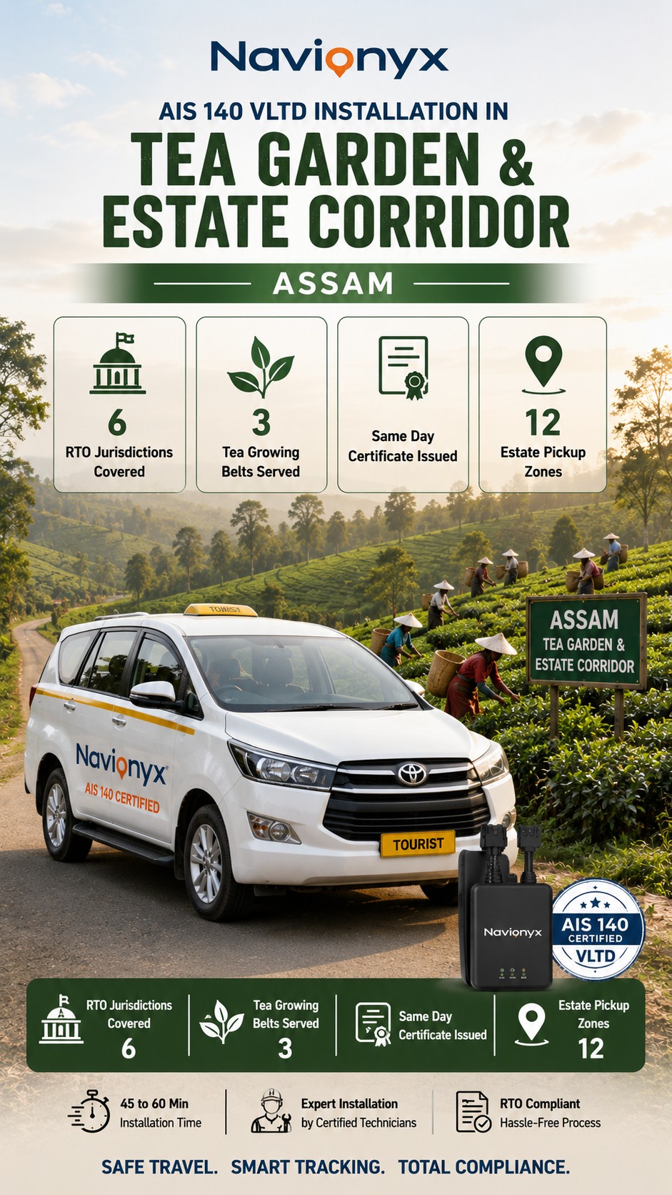 AIS-140 VLTD installation visual for Assam tea garden estate corridor with an estate utility vehicle near tea gardens
