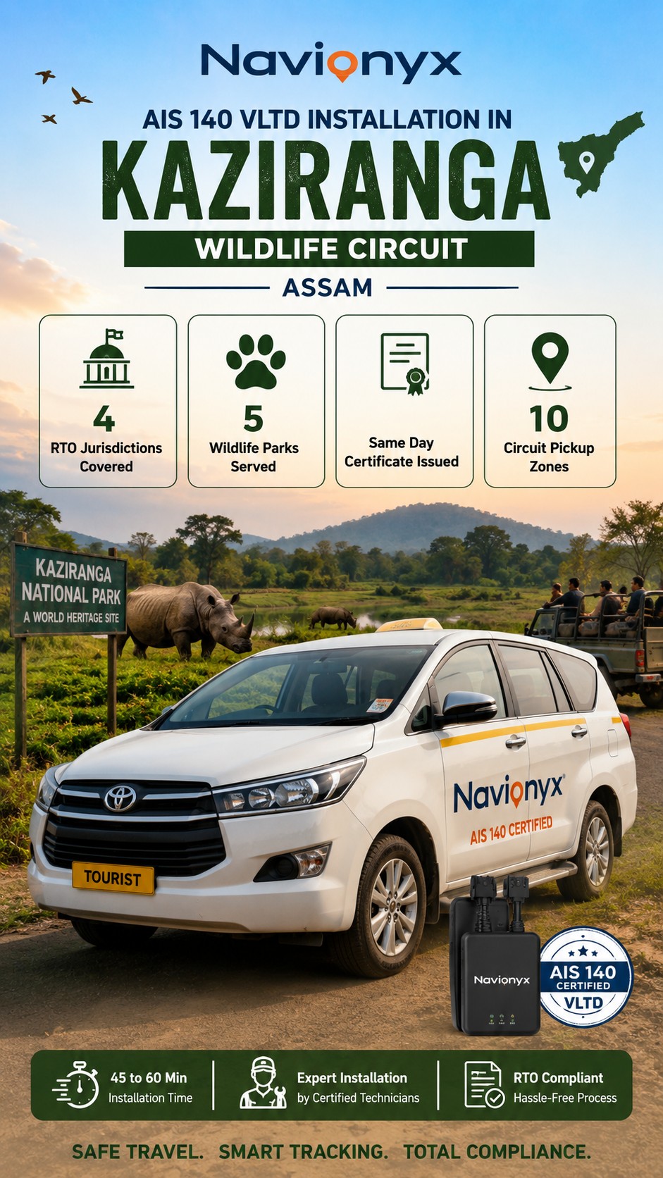 Photorealistic dawn tourist SUV visual for Kaziranga wildlife circuit VLTD installation near Kaziranga National Park entrance
