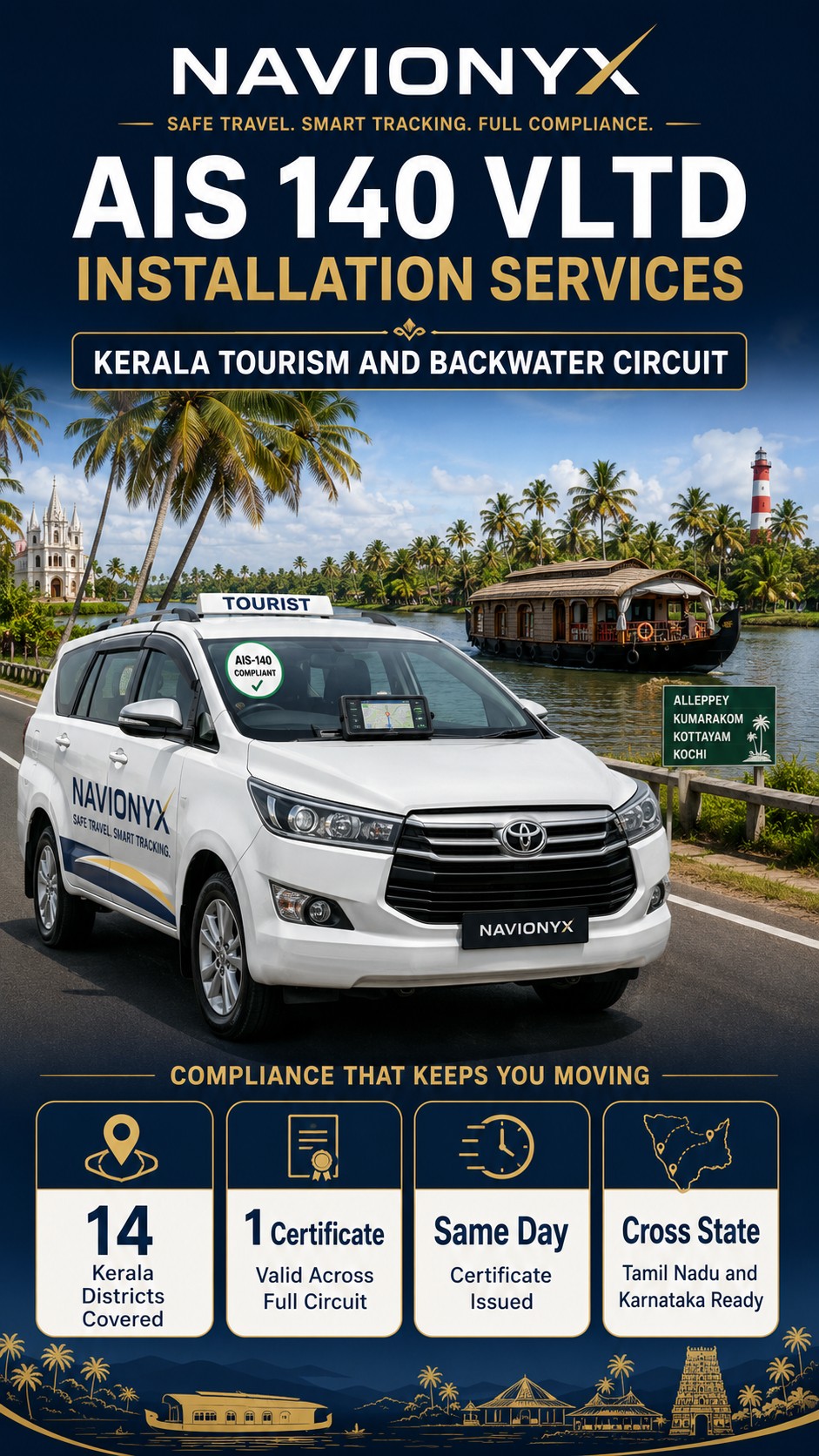 AIS-140 VLTD installation visual for Kerala tourism and backwater circuit tourist taxis, tempo travellers, and premium cabs