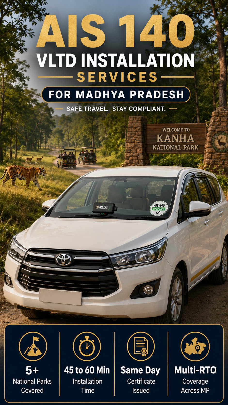 Photorealistic photograph of a white Toyota Innova or Mahindra Scorpio tourist taxi on a forest fringe road in central India, with softly blurred sal trees and a hint of a tiger reserve gate or wildlife signboard visible in the background.