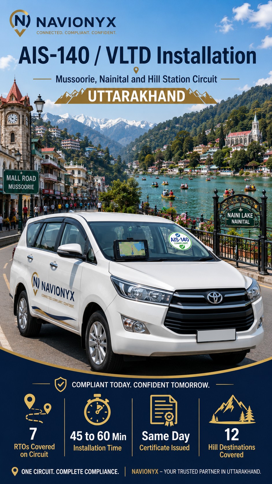 AIS-140 VLTD installation visual for Uttarakhand hill station circuit tourist taxis and tempo traveller fleets