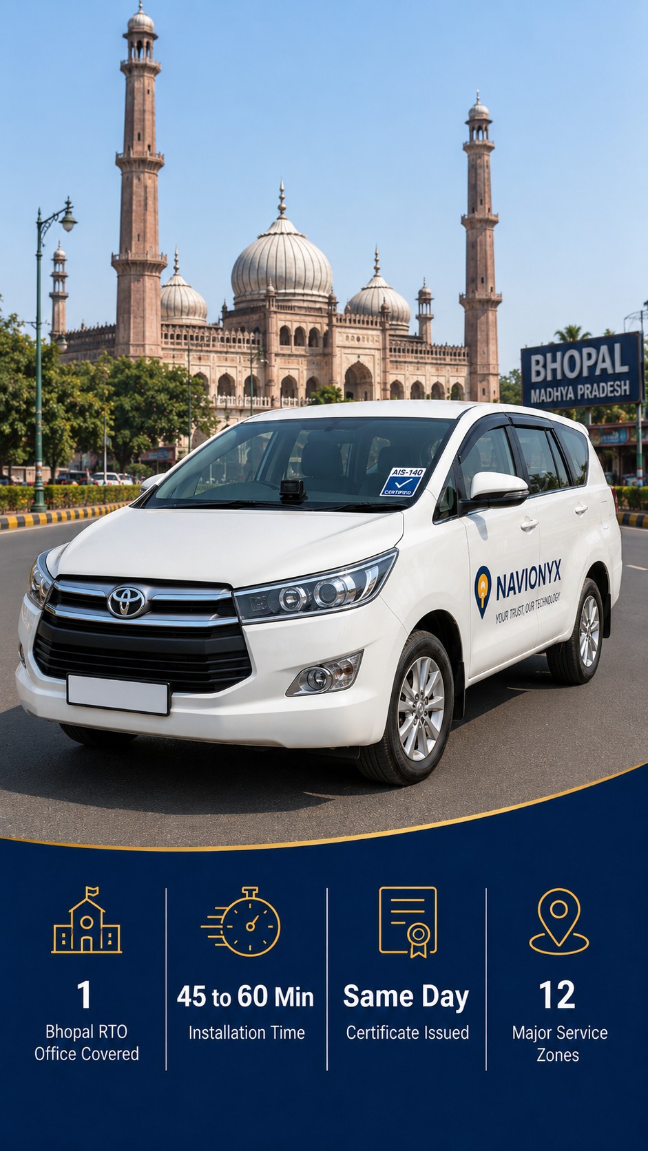 White taxi on Hoshangabad Road or VIP Road in Bhopal with a visible dashboard GPS device and Upper Lake or Taj-ul-Masajid-inspired city backdrop.